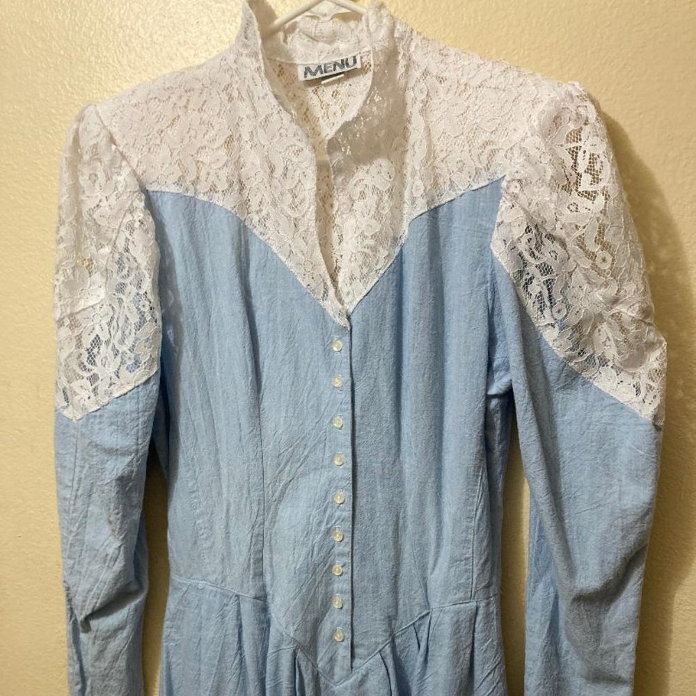 Vintage Menu Brand Lace & Chambray Puff Sleeve Shoulder Pad Dress Size 11/12